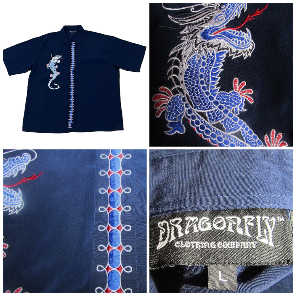 Y2k Dragonfly Shirt‎ Mens L Button Camp Blue Embroidered Dragon 2000's Jnco insp